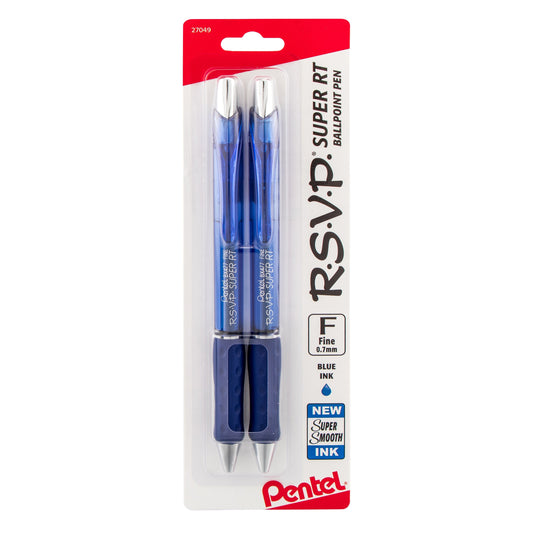 Pentel RSVP Super RT Ballpoint Pen, (0.7mm) Fine Line, Blue Ink, 2-Pk (BX477BP2C)