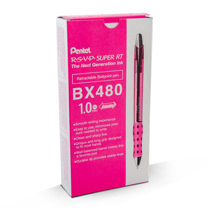 RSVP Super RT Ballpoint Pen, (1.0mm) Medium Line, Pink Ink (BX480-P)