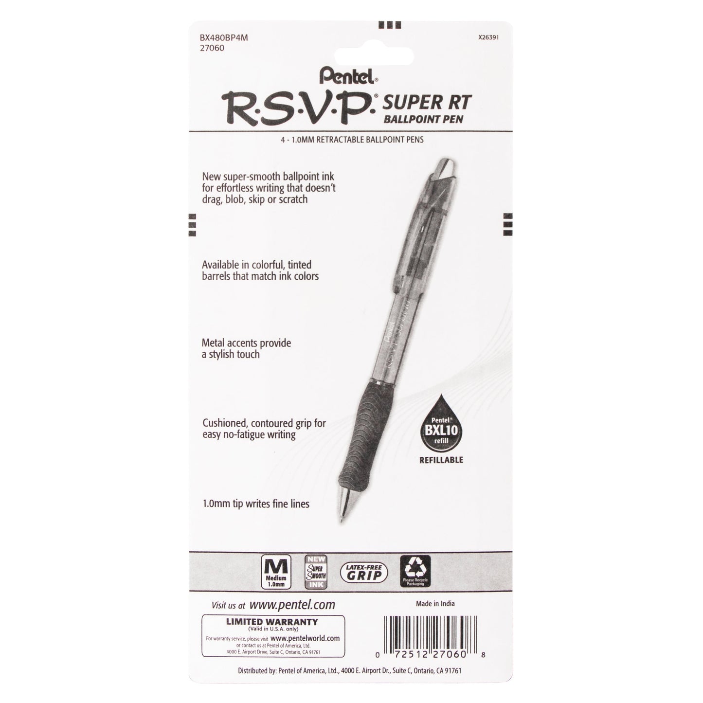 RSVP Super RT Ballpoint Pen, (1.0mm) Medium Line, Assorted Ink (ABCD), 4-Pk (BX480BP4M)