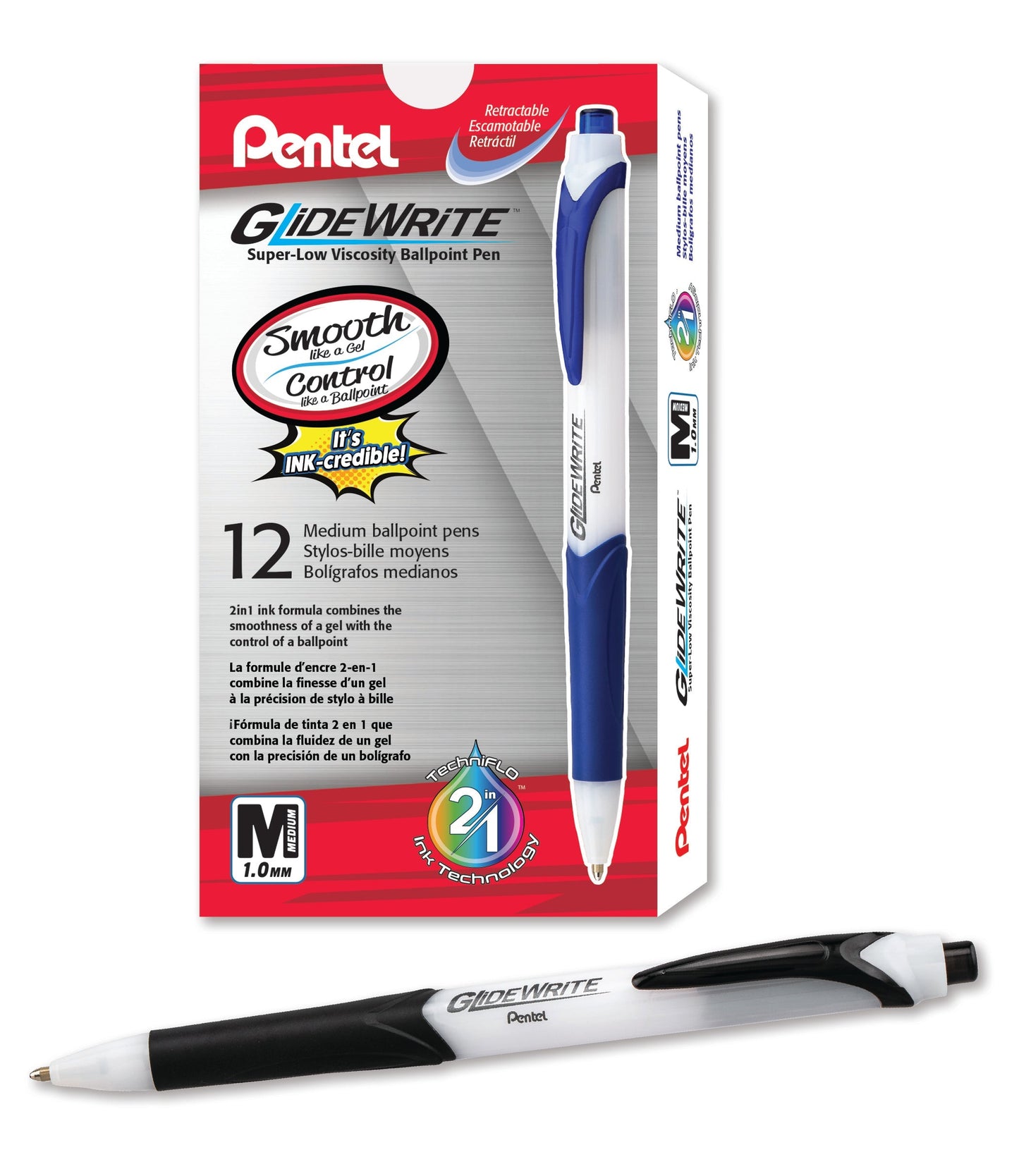 Pentel GlideWrite Ballpoint Pen with TechniFlo Ink, (1.0mm) Medium Line, Black (BX910-A)