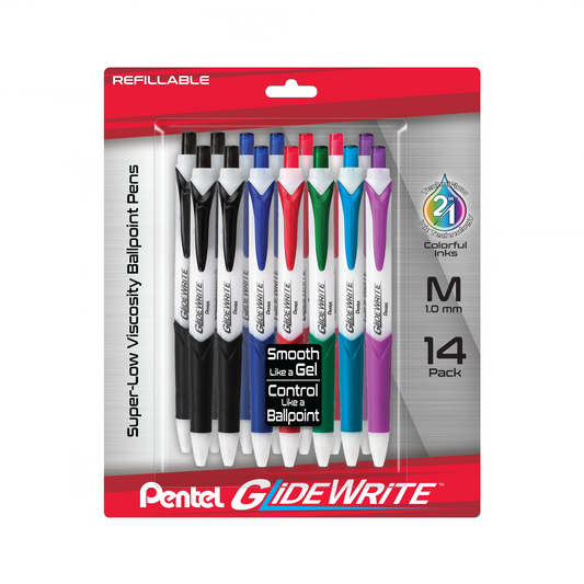 GlideWrite Ballpoint Pen with TechniFlo Ink, (1.0mm) Medium Line, Asst Ink, 14-Pk (BX910BP14M)