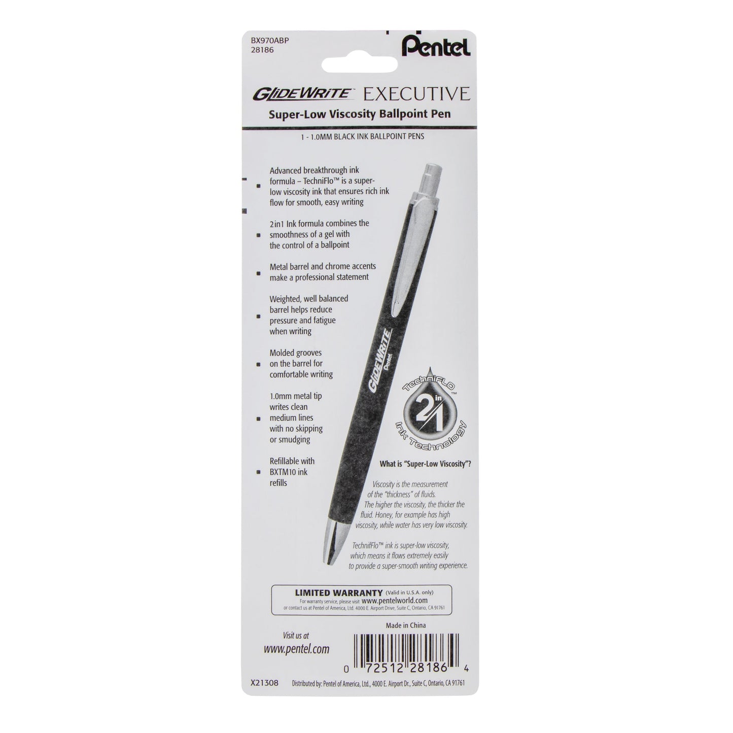 Pentel GlideWrite Executive Ballpoint Pen, (1.0mm) medium, black metal barrel,  Black Ink, 1-pk (BX970ABP)