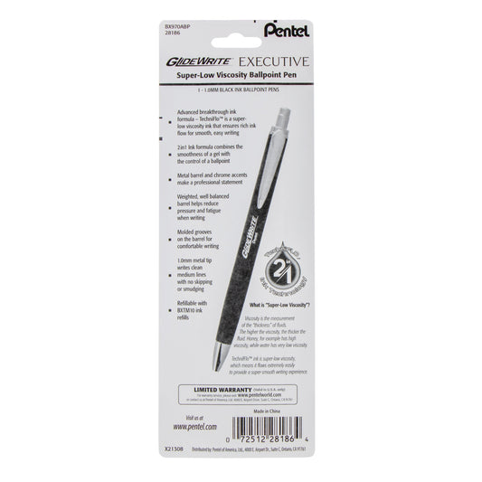 Pentel GlideWrite Executive Ballpoint Pen, (1.0mm) medium, black metal barrel,  Black Ink, 1-pk (BX970ABP), 72 Each