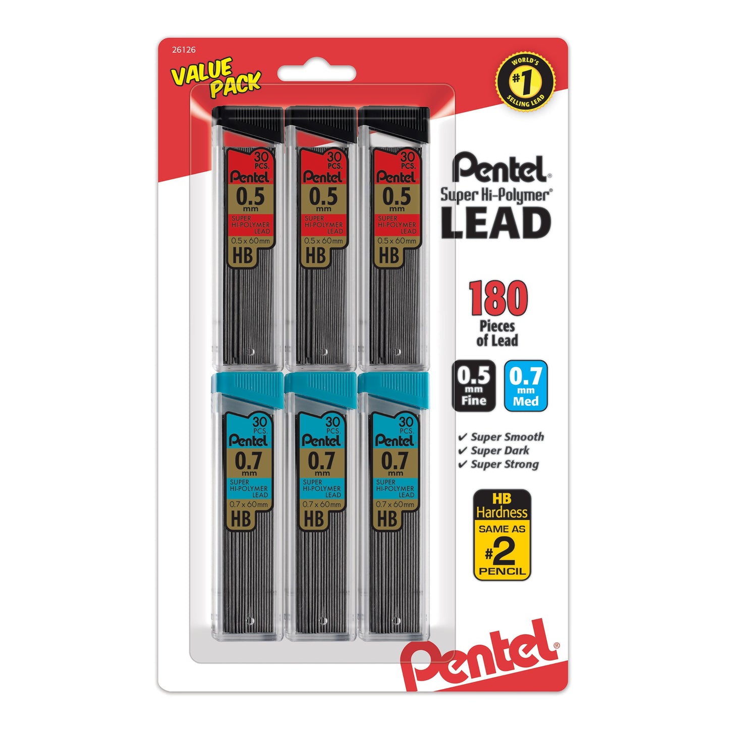 Pentel Super Hi-Polymer Lead Refill (0.5/0.7mm) Fine/Medium, HB, 30 pcs/Tube 6-Pk (C257BPHB6), 72 Each
