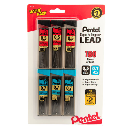 Pentel Super Hi-Polymer Lead Refill (0.5/0.7mm) Fine/Medium, HB, 30 pcs/Tube 6-Pk (C257BPHB6)