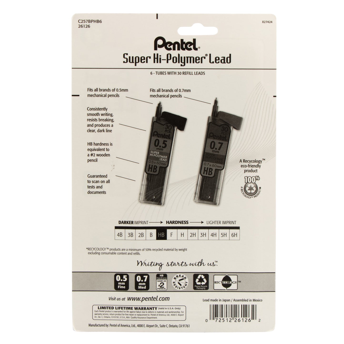 Pentel Super Hi-Polymer Lead Refill (0.5/0.7mm) Fine/Medium, HB, 30 pcs/Tube 6-Pk (C257BPHB6), 72 Each