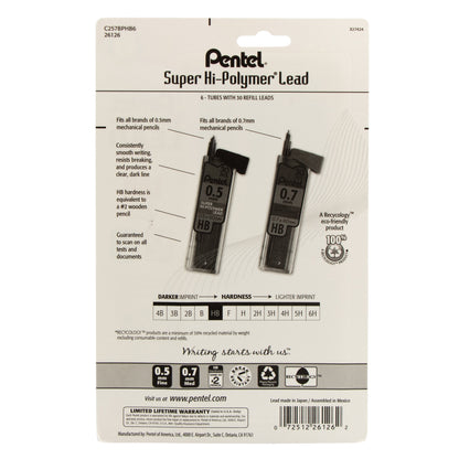 Pentel Super Hi-Polymer Lead Refill (0.5/0.7mm) Fine/Medium, HB, 30 pcs/Tube 6-Pk (C257BPHB6), 72 Each
