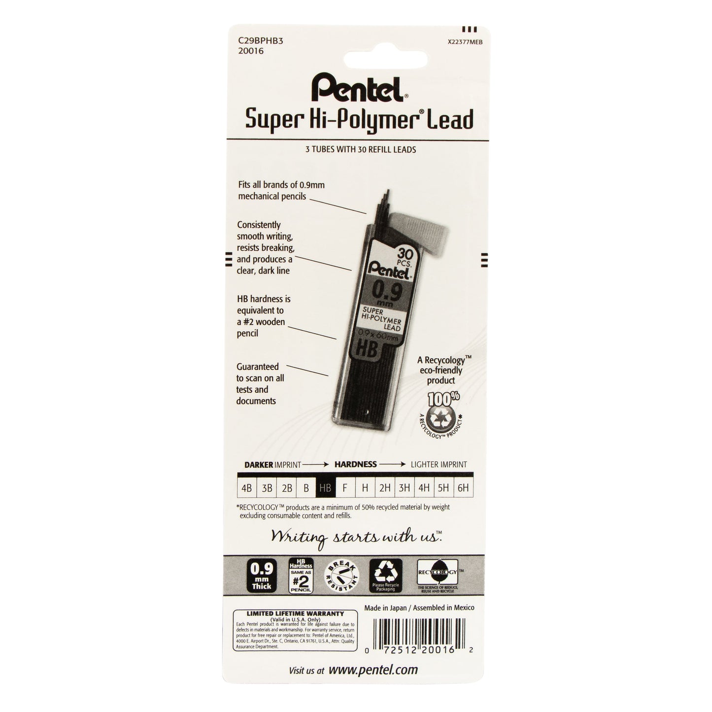 Super Hi-Polymer Lead Refill (0.9mm) Thick, HB, 30 pcs/Tube 3-Pk (C29BPHB3)