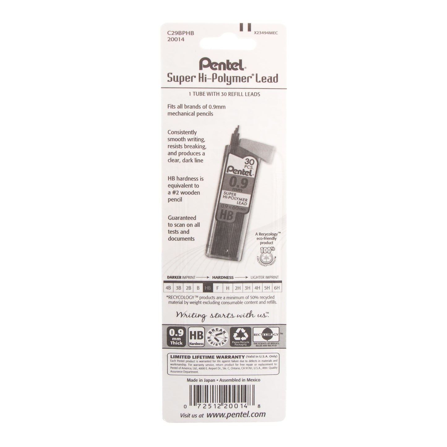 Pentel Super Hi-Polymer Lead Refill (0.9mm) Thick, HB, 30 pcs/Tube 1-Pk (C29BPHB)