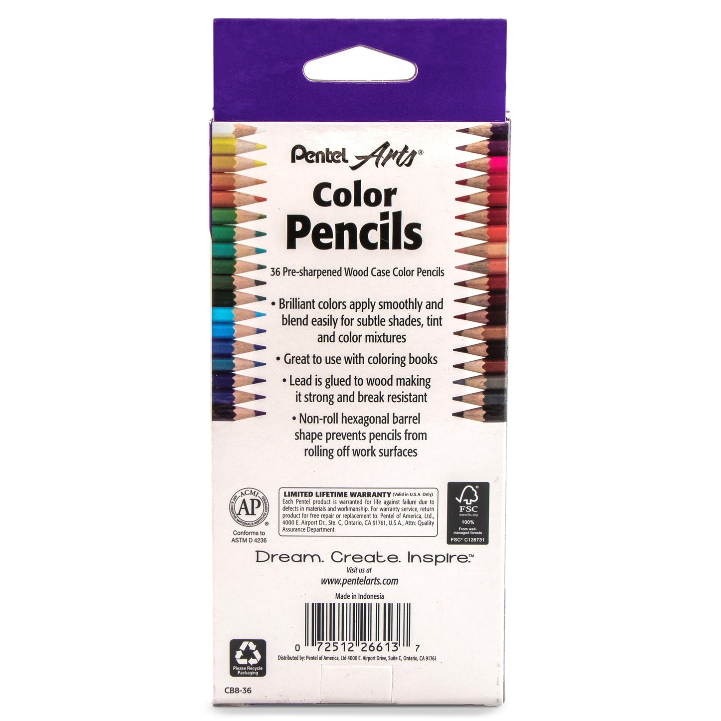 Pentel Arts Color Pencils - Assorted Colors, 36-Pack (CB8-36)