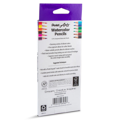 Pentel Arts Watercolor Pencil Set - Assorted Colors, 12-Pack (CB9-12)