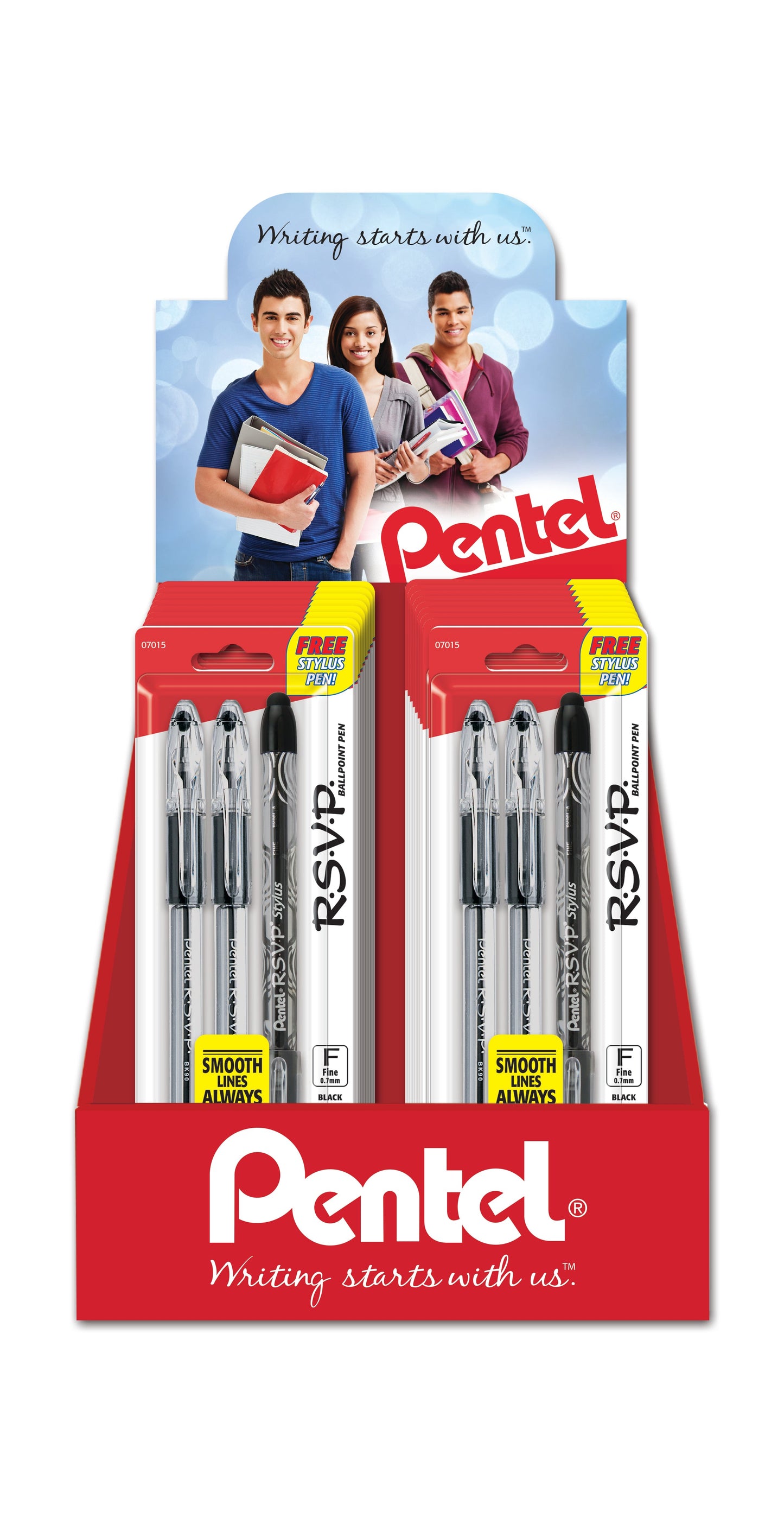 RSVP Ballpoint Pen, (0.7mm) Fine Line, Black Ink 2-packs Blister Pack Counter Display - 18 Pieces (CDBK90BP2A)