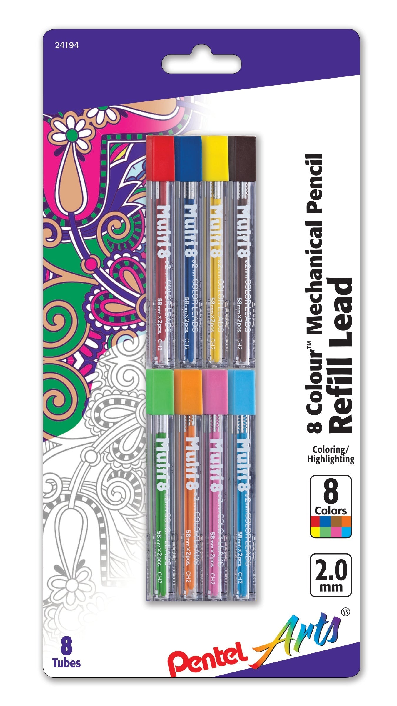 Pentel Arts 8 Colour Pencil Lead Refill (2.0mm), Assorted Colors (BCEGFKPS) 8-Pk (CH2BP8M)