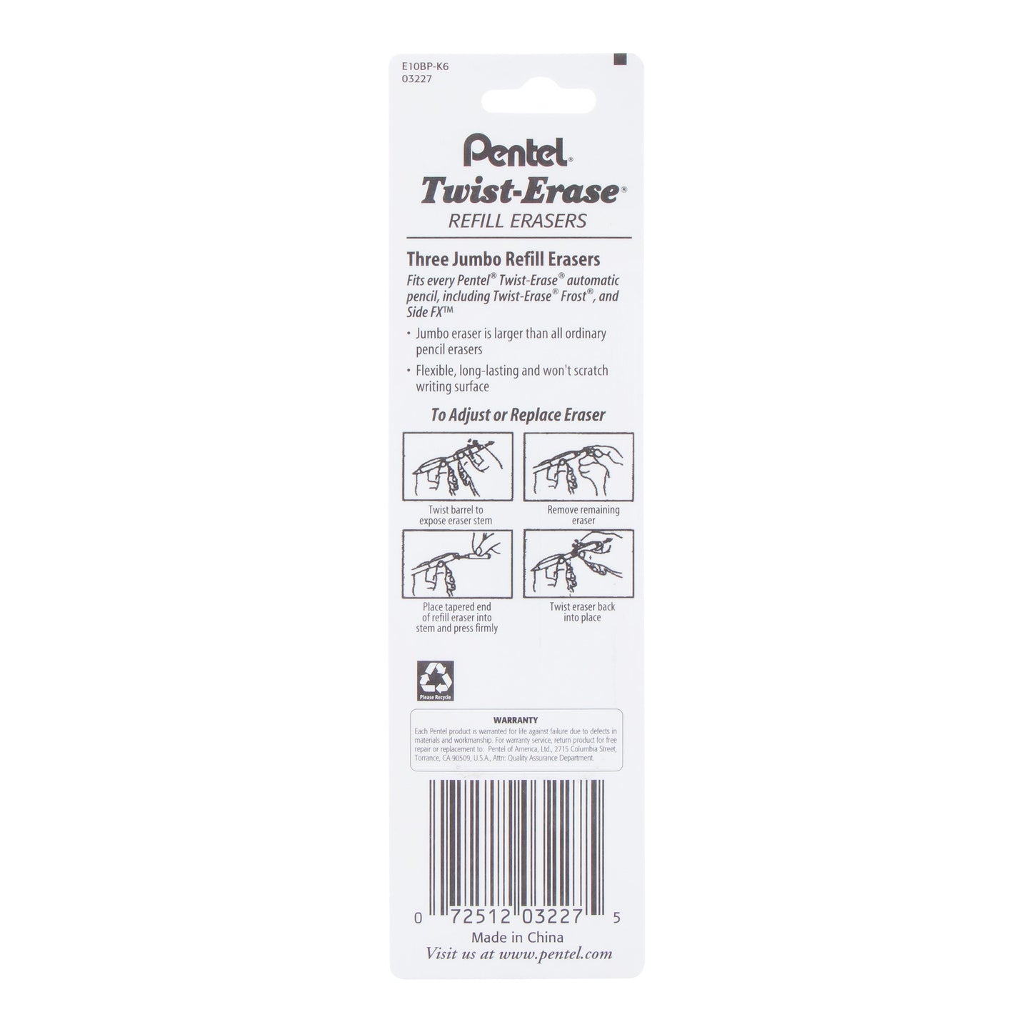 Refill Eraser For Pentel Twist-Erase Series Pencils 3 pcs/Box 1-Pk (E10BP-K6)