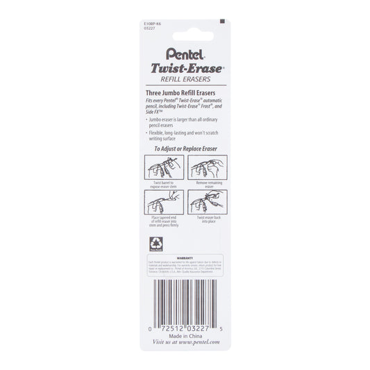 Refill Eraser For Pentel Twist-Erase Series Pencils 3 pcs/Box 1-Pk (E10BP-K6), 144 Each