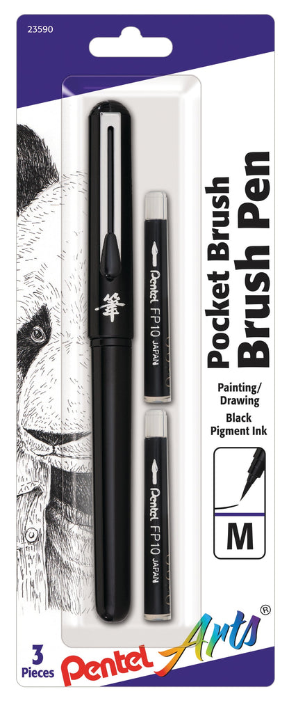 Pentel Arts Pocket Brush Pen with Refills, 1 Pen & 2 Refills (GFKP3BPA)