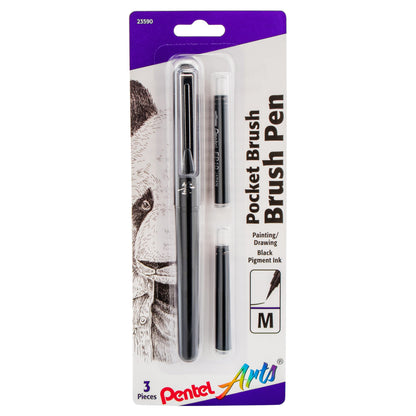 Pentel Arts Pocket Brush Pen with Refills, 1 Pen & 2 Refills (GFKP3BPA)