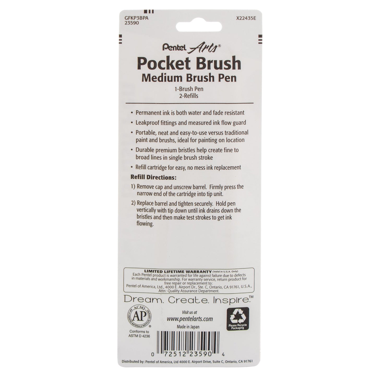 Pentel Arts Pocket Brush Pen with Refills, 1 Pen & 2 Refills (GFKP3BPA)