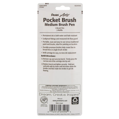Pentel Arts Pocket Brush Pen with Refills, 1 Pen & 2 Refills (GFKP3BPA)
