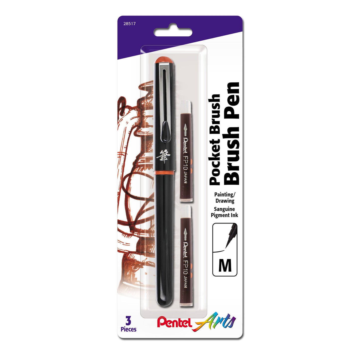 Pentel Arts Pockt Brush Pen, 1 Brush Pen + 2 Refill Cartridges, Sanguine Pigment Ink (GFKP3BPSG)