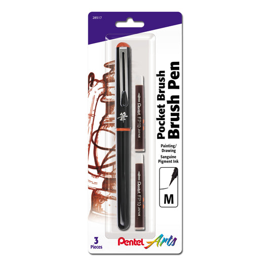 Pentel Arts Pockt Brush Pen, 1 Brush Pen + 2 Refill Cartridges, Sanguine Pigment Ink (GFKP3BPSG)