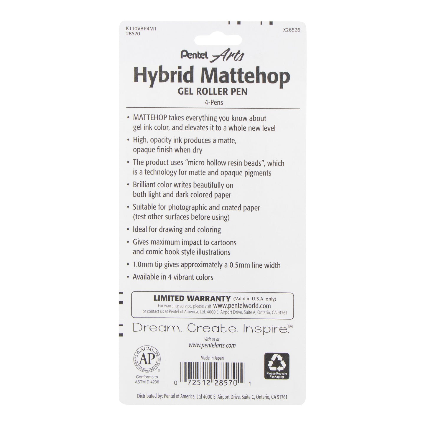Hybrid MATTEHOP Gel Roller, 1.0mm, Matte F/G/P/V Ink, 4-PK (K110VBP4M1)