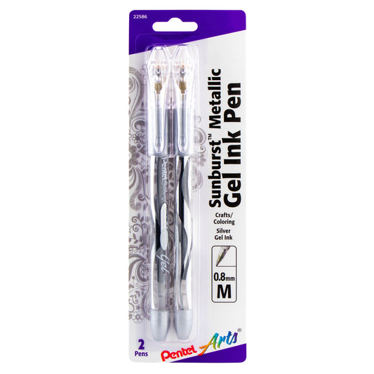 Pentel Arts Sunburst Metallic Gel Pen, Medium Line, Permanent, Silver Ink 2-Pk (K908BP2Z)
