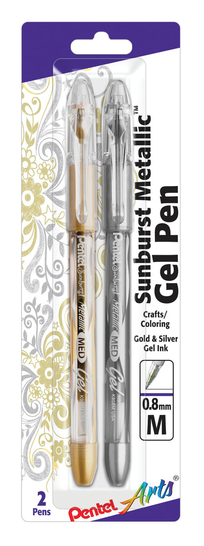 Pentel Arts Sunburst Metallic Gel Pen, Medium Line, Permanent, Gold & Silver Ink 2-Pk (K908BPXZ)