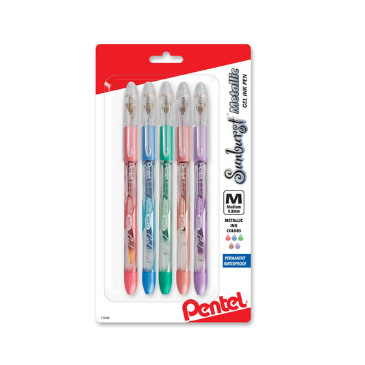 Pentel Sunburst Metallic Gel Pen, Medium Line, Permanent, Assorted Ink (MB/MC/MD/ME/MV) 5-Pk (K908MBP5M1)