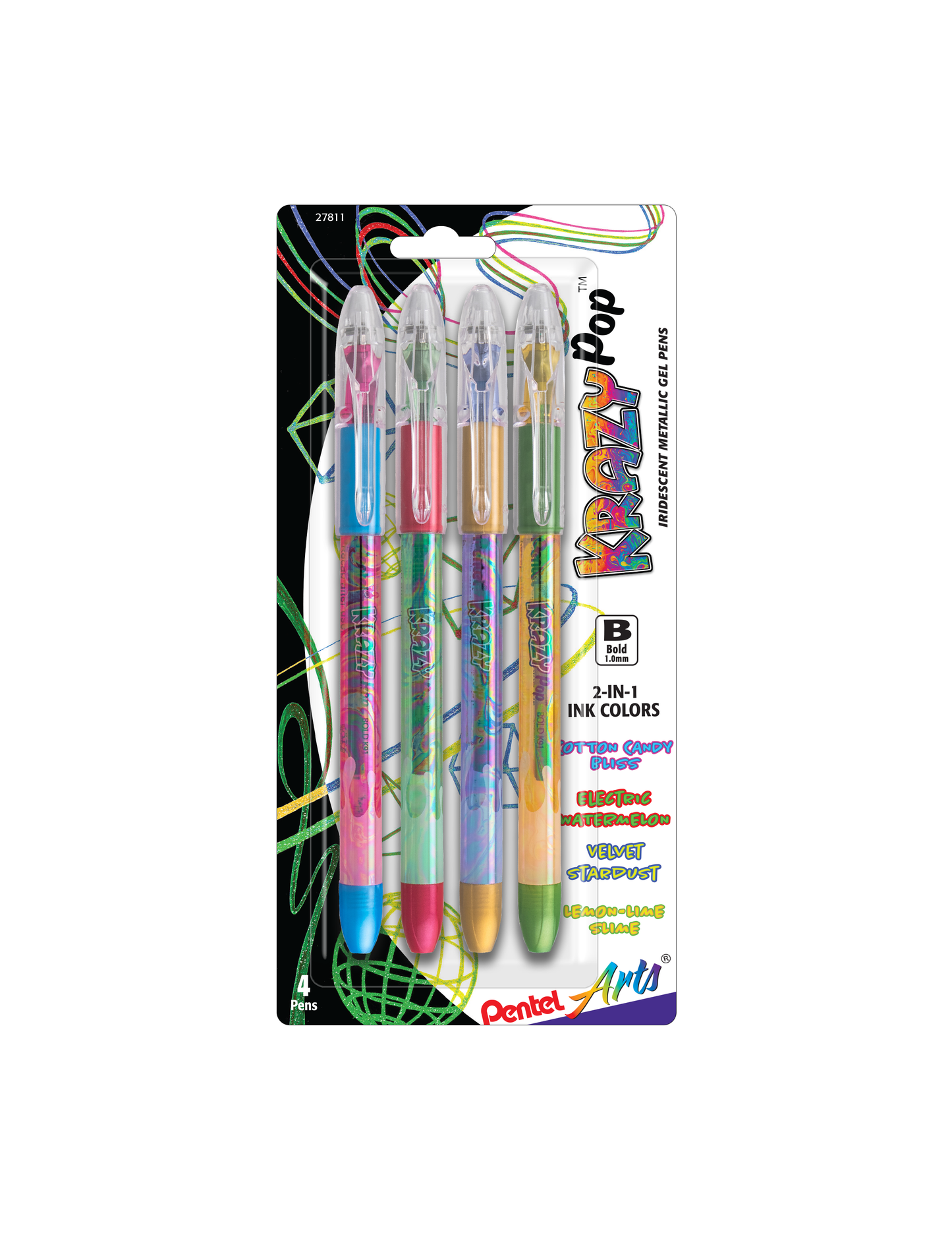 Pentel Arts Krazy Pop Iridescent Gel Pen, (1.0mm) Bold line, Assorted Ink (XC/BD/CP/DG), 4-pk (K91PABP4M3)