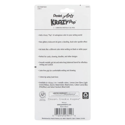 Pentel Arts Krazy Pop Iridescent Gel Pen, (1.0mm) Bold line, Assorted Ink (XC/BD/CP/DG), 4-pk (K91PABP4M3)