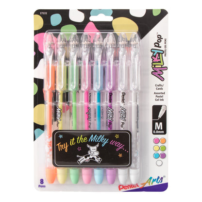 Pentel Arts Milky Pop Pastel Gel Pen, (0.8mm) Medium Line, Assorted Ink (F/G/K/P/S/V/2W), 8-Pk (K98PABP8M), 72 Each