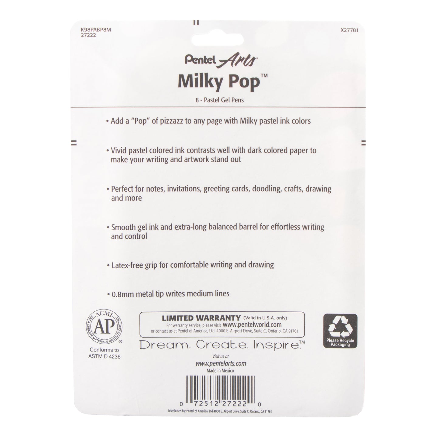 Pentel Arts Milky Pop Pastel Gel Pen, (0.8mm) Medium Line, Assorted Ink (F/G/K/P/S/V/2W), 8-Pk (K98PABP8M), 72 Each