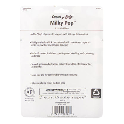 Pentel Arts Milky Pop Pastel Gel Pen, (0.8mm) Medium Line, Assorted Ink (F/G/K/P/S/V/2W), 8-Pk (K98PABP8M), 72 Each
