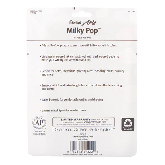 Pentel Arts Milky Pop Pastel Gel Pen, (0.8mm) Medium Line, Assorted Ink (F/G/K/P/S/V/2W), 8-Pk (K98PABP8M), 72 Each