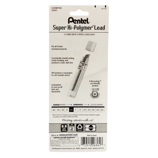 Super Hi-Polymer Lead Refill (0.9mm) Thick, HB, 180 pieces/box 1-Pk (L509BPHB)