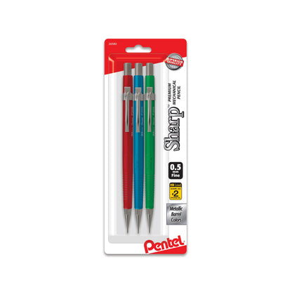 Pentel Sharp Mechanical Pencil, (0.5mm), Metallic Barrels, Assorted Colors (B/C/D), 3-Pk (P205MBP3M1), 144 Each