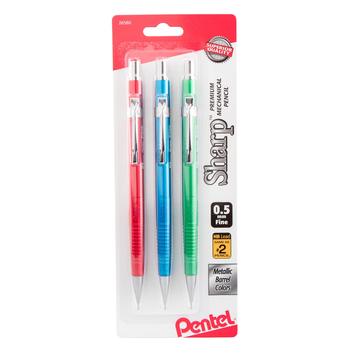 Pentel Sharp Mechanical Pencil, (0.5mm), Metallic Barrels, Assorted Colors (B/C/D), 3-Pk (P205MBP3M1), 144 Each
