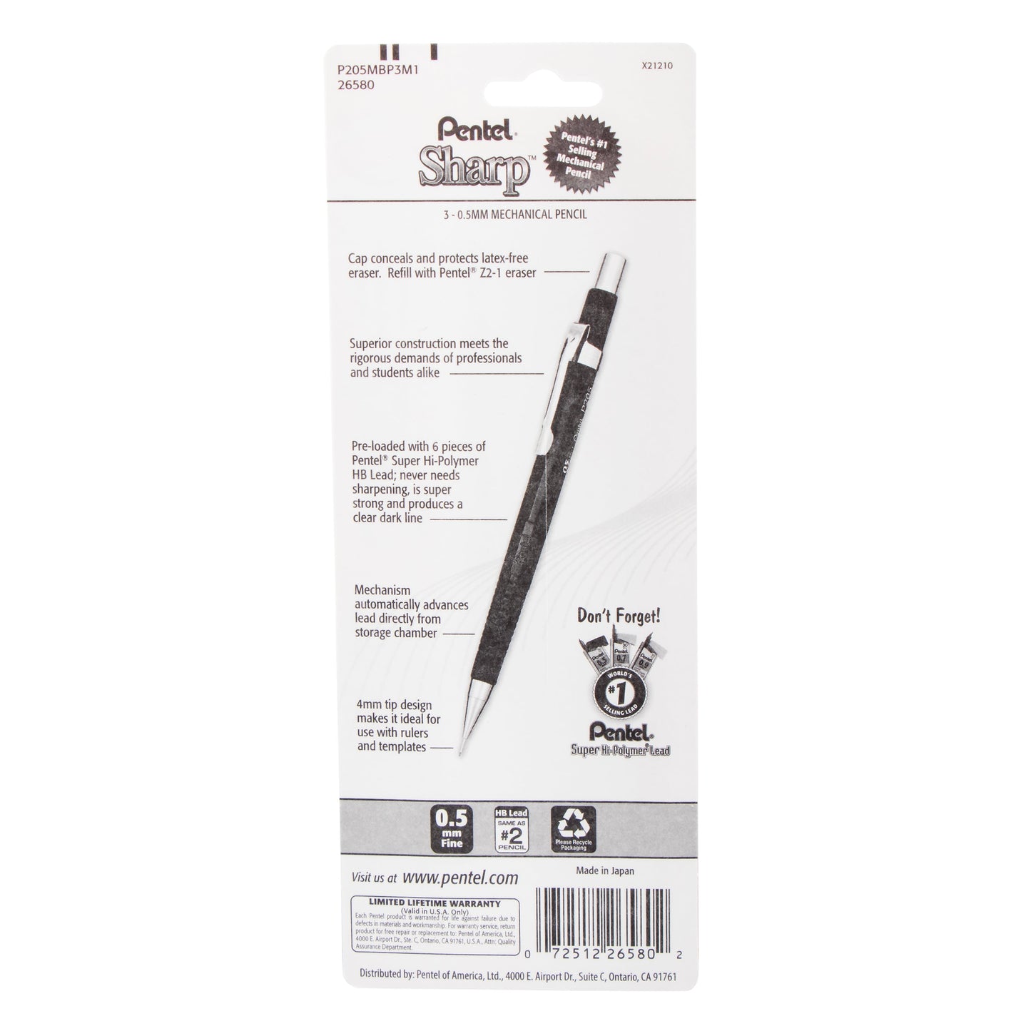 Pentel Sharp Mechanical Pencil, (0.5mm), Metallic Barrels, Assorted Colors (B/C/D), 3-Pk (P205MBP3M1), 144 Each
