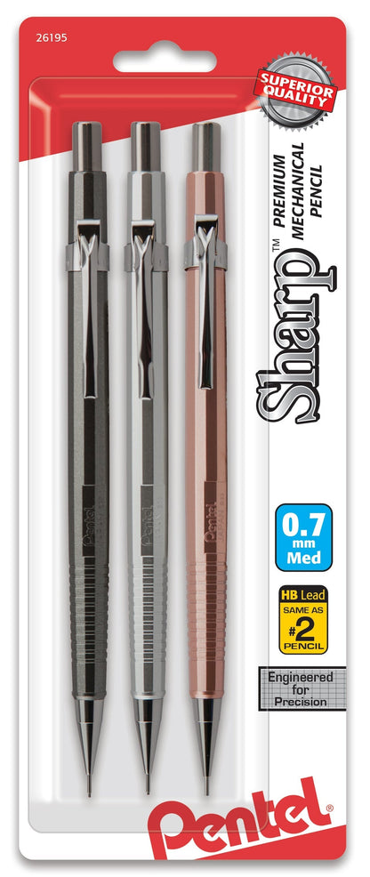 Pentel Sharp Mechanical Pencil (0.7mm) Metallic Barrels, Assorted Colors (Z/MS/MK1), 3-Pk (P207MBP3M)