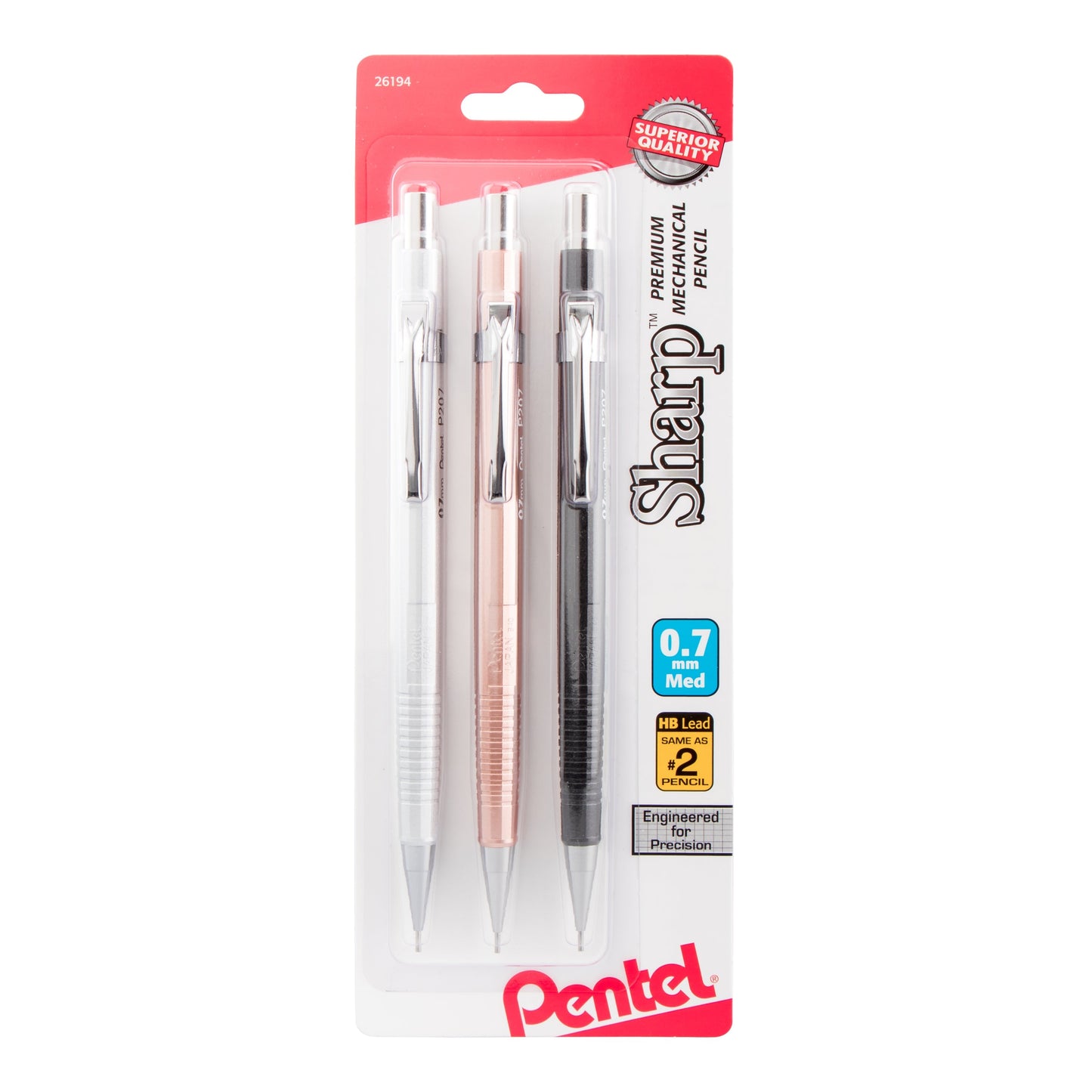 Pentel Sharp Mechanical Pencil (0.7mm) Metallic Barrels, Assorted Colors (Z/MS/MK1), 3-Pk (P207MBP3M)