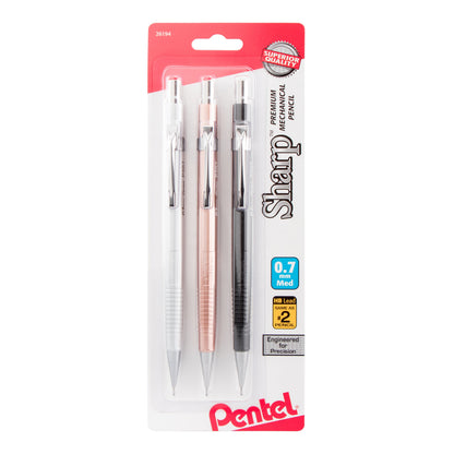 Pentel Sharp Mechanical Pencil (0.7mm) Metallic Barrels, Assorted Colors (Z/MS/MK1), 3-Pk (P207MBP3M)