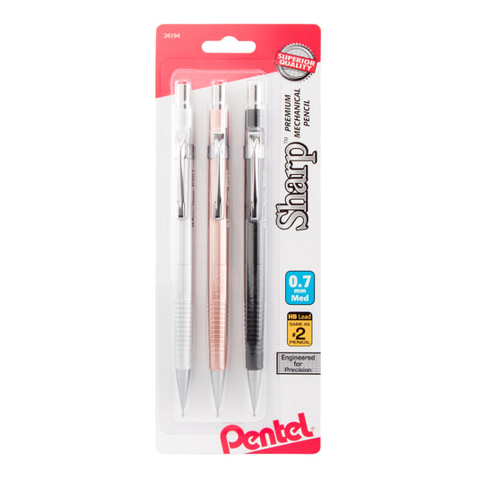 Pentel Sharp Mechanical Pencil (0.7mm) Metallic Barrels, Assorted Colors (Z/MS/MK1), 3-Pk (P207MBP3M)
