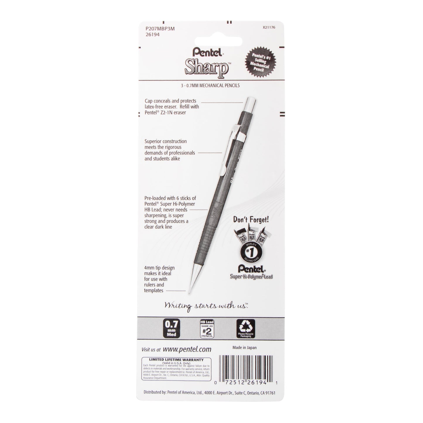Pentel Sharp Mechanical Pencil (0.7mm) Metallic Barrels, Assorted Colors (Z/MS/MK1), 3-Pk (P207MBP3M)