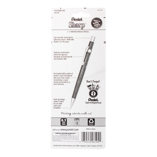 Pentel Sharp Mechanical Pencil (0.7mm) Metallic Barrels, Assorted Colors (Z/MS/MK1), 3-Pk (P207MBP3M)