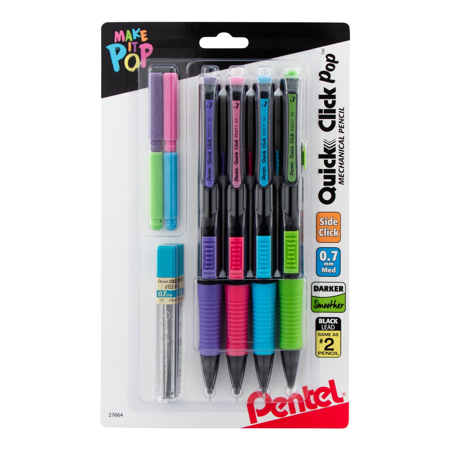 Pentel QUICK CLICK Pop Mechanical Pencil, (0.7mm) Medium 2B Lead, with 2B Lead and (4) Eraser Refills, 4-pk (PD217ALEBP4)
