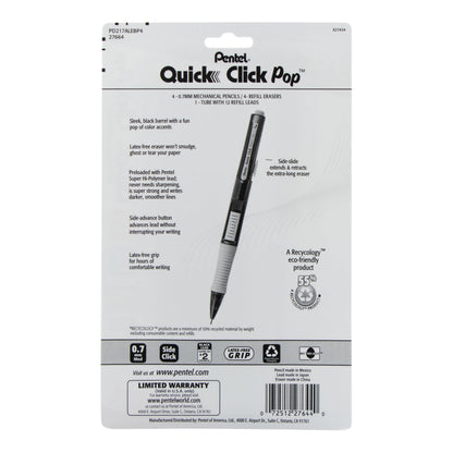 Pentel QUICK CLICK Pop Mechanical Pencil, (0.7mm) Medium 2B Lead, with 2B Lead and (4) Eraser Refills, 4-pk (PD217ALEBP4)