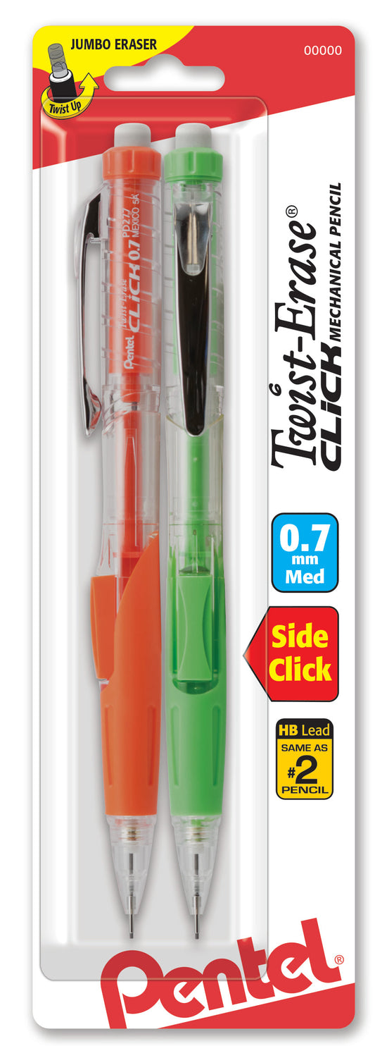 Twist-Erase Click Mechanical Pencil, (0.7mm) Clear Assorted Grip Colors, 2-Pk (PD277TBP2M)