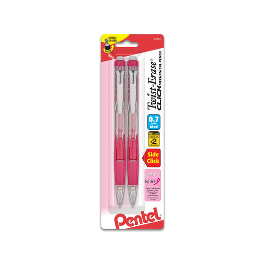 Pentel PINK BCA Twist-Erase Click Mechanical Pencil, (0.7mm) Clear Barrel, 2-Pk (PD277TBP2P-BC)