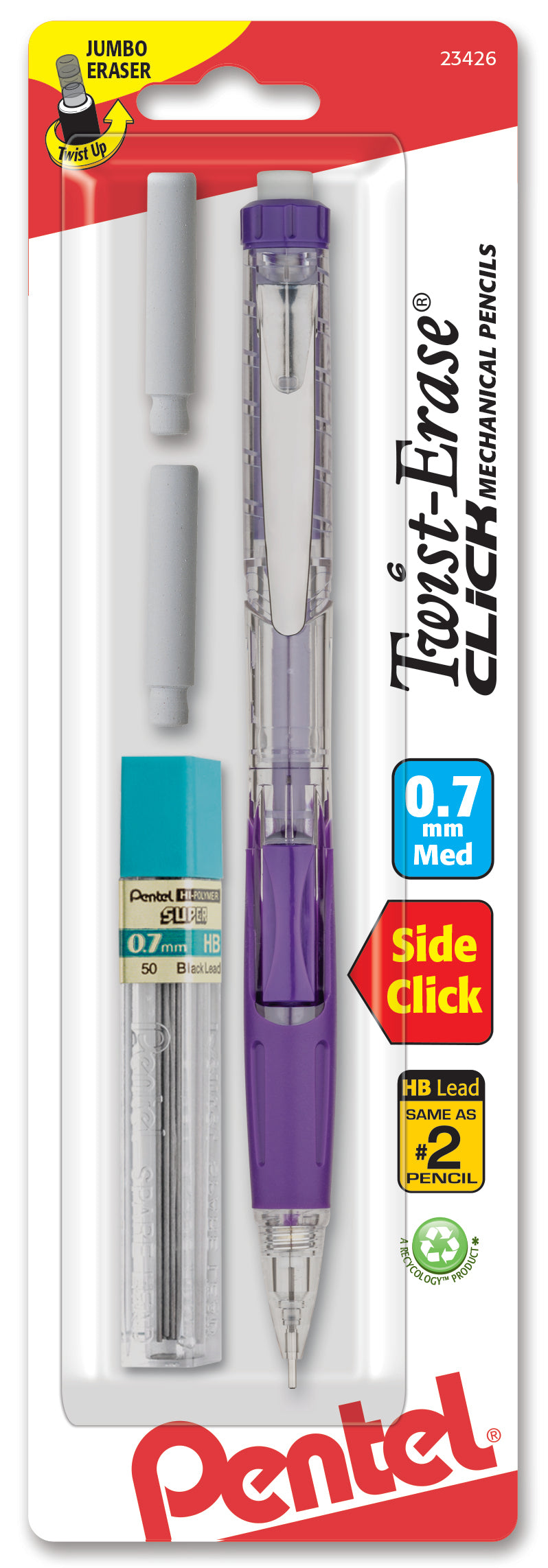 Pentel Twist-Erase CLICK Mechanical Pencil, (0.7mm) Clear Barrel, Asst Grip Colors
with Lead and (2) Erasers, 1-pk Carded (PD277TLEBP)